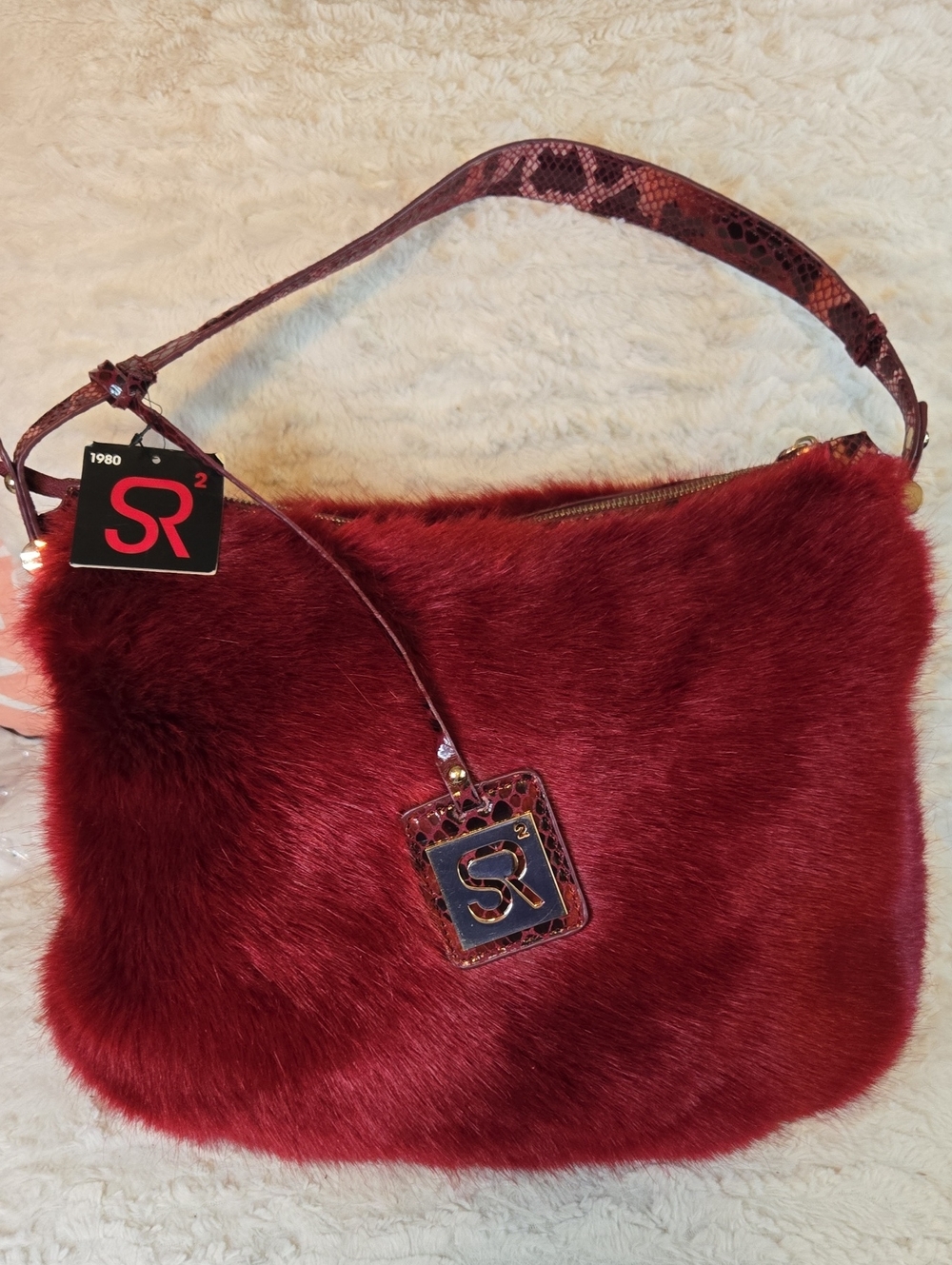 R2 Burgundy Faux Fur Shoulder Hobo Bag NWT